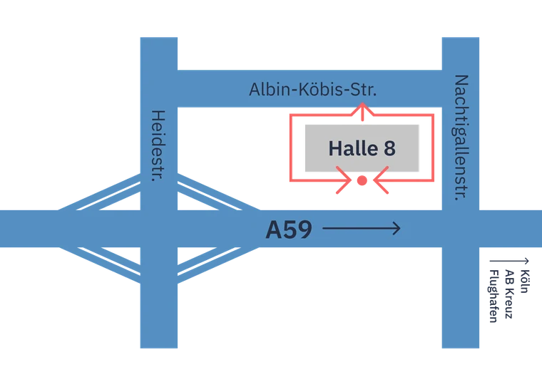 Lageplan: Autoservice Ulmer liegt in Halle 8 an der Albin-Köbis-Straße zwischen Heidestraße und Nachtigallenstraße, unmittelbar an der Autobahn A59 Richtung Autobahnkreuz Köln-Flughafen.